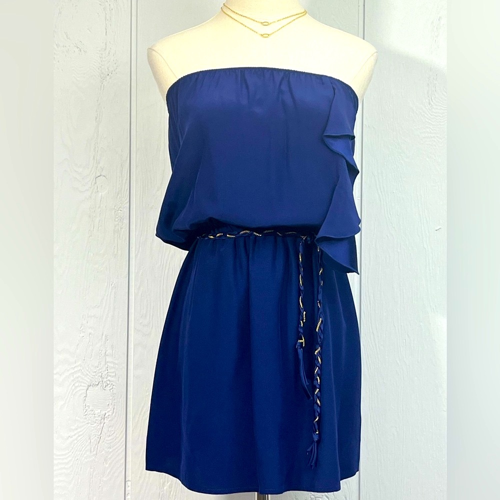 Karina Grimaldi - Silk Blouson Strapless Mini Dress Braided Gold Chain Belt XS - Picture 2 of 12